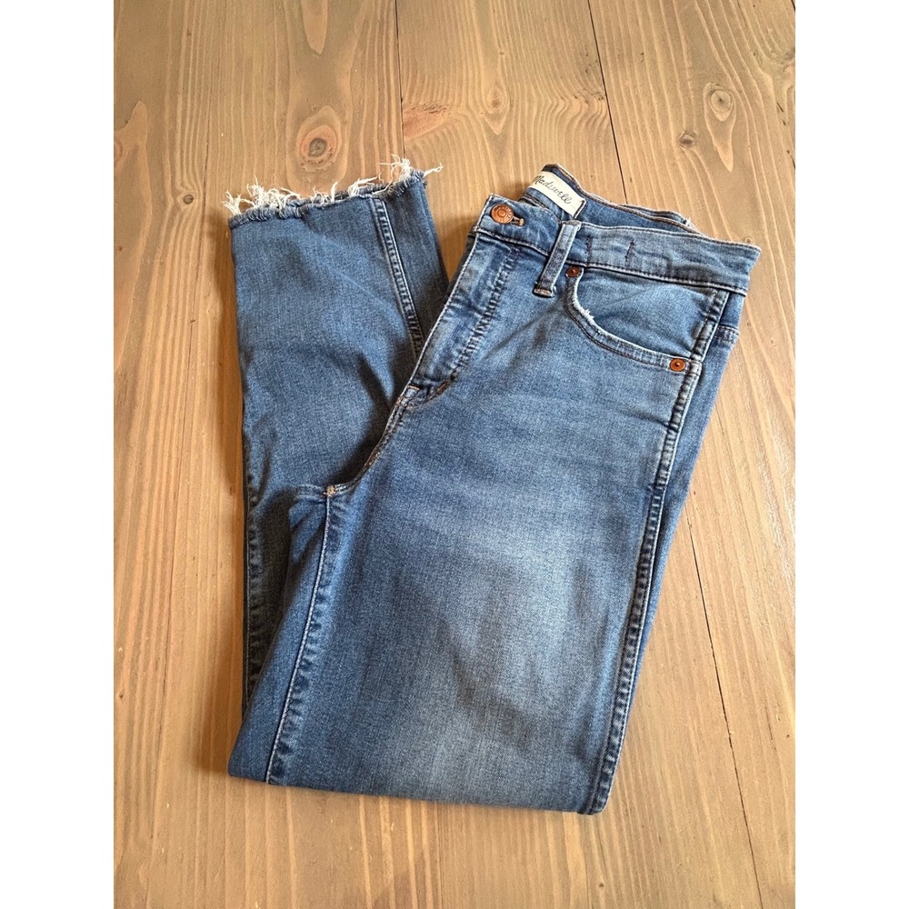 H26 Madewell Stovepipe Jeans Sz 25 High Rise Straight Leg Raw Hem Medium Wash